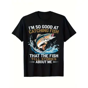 Men's Funny Fishing T-Shirt I Fish So Well The Fish All Tell Stories with Jumping Fish Graphic Lightweight Breathable 100% Cotton All-Season Casual Outdoor Fishing Apparel Sizes S-XXXL Machine Washable Ideal Gift  double print   Retro  Vintage Metalcore