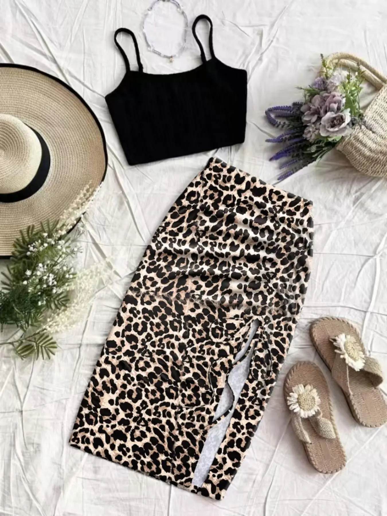Summer 2-Piece Set: Summer Outfits Set, Casual Matching Set, Casual Holiday, Solid Color Thin Strap Sleeveless Top and Leopard Split Skirt, Slim-Fitting, All over Print, Womenswear