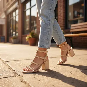 【16 MADDISON】Women's Gold Studded Ankle Strap Square Toe Chunky Heel Sandals, Open Toe High Heels, Women's Sandals, Suitable for Summer Parties, Weddings, Clubs, Dates, Festivals and Other Occasions. Decor Dance  Elegant