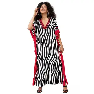 Plus Size Mumu Dresses for Women - Boho Batwing Sleeve Caftan with Side Slits, Long Moo Moo Nightgown & Beach Cover Up - Zebra Rose