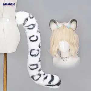 Plush Snow Leopard Ears Hairband Fluffy Tail Fursuit Furry Animal Ear Headband Hallowwen XMAS Cosplay Props Costume Accessories