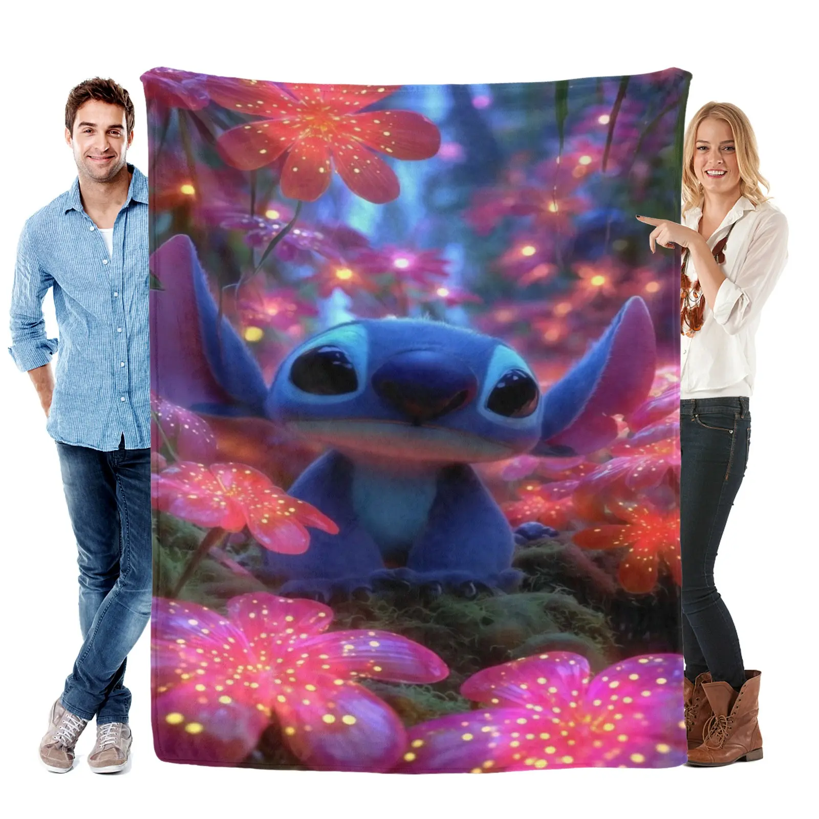 [Summervibes] Disney Classic Stitch Sparkle Glow Flower Throw Blanket - Soft, Warm, Vibrant Dreamy Forest Floral Design, Machine Washable, Ideal For Sofa, Bed, Beach, Teen Bedroom Bedding