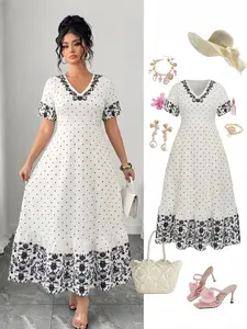 Plus Size Women's V-Neck Floral Print Summer Dress, Half Sleeve, Elegant Button Front, Comfortable, Stylish and Chic, Perfect for Vacation and Daily Wear, Casual Wear