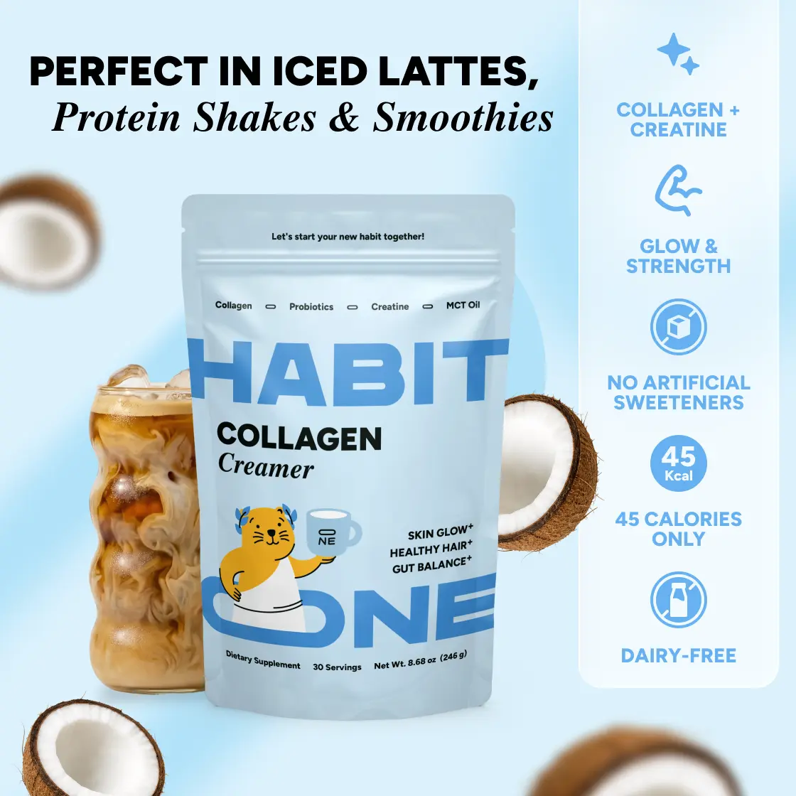Collagen Protein Creamer with Probiotics, Creatine & MCT Oil (Coconut) - Dairy Free - Made in USA - 30 Servings Beverage Coffee
