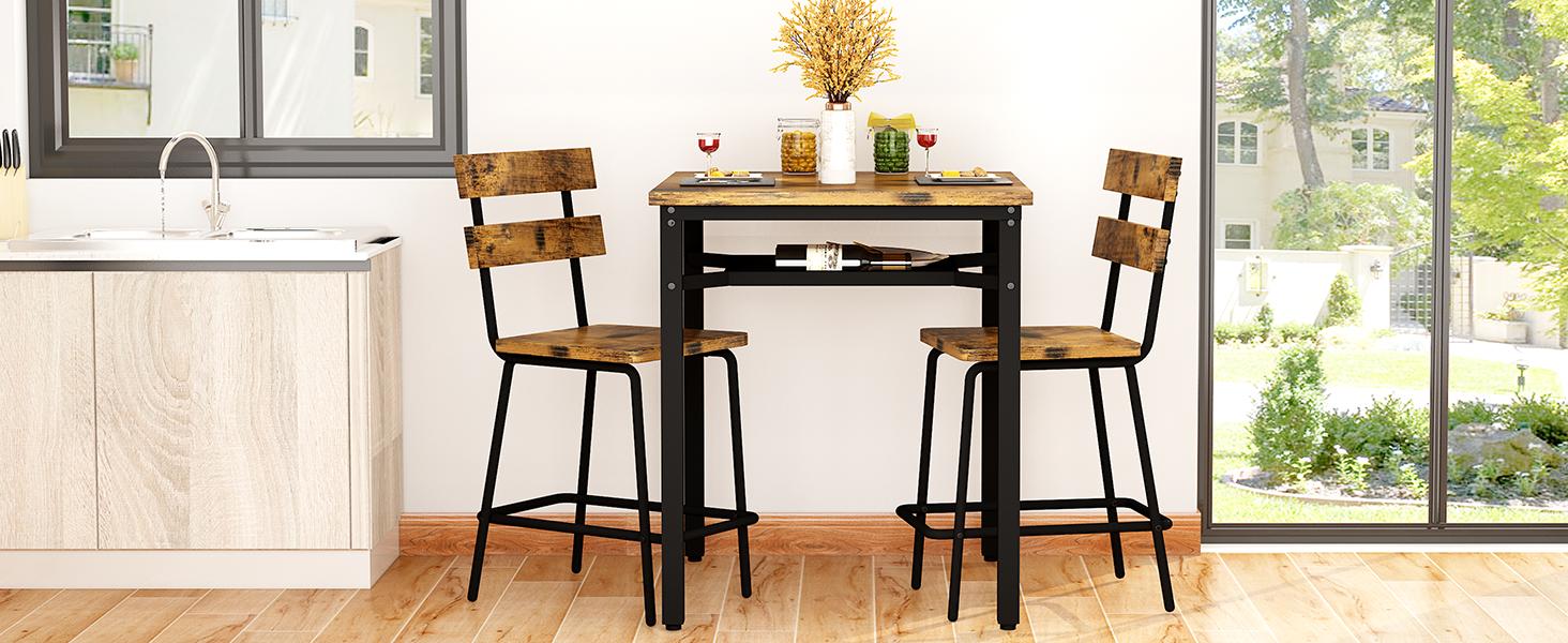 DKLGG 3 Piece Bar Table and Chairs Set, Counter Height Small Dining Table with 2 Bar Stools, Farmhouse Square Kitchen Table with Storage for Bistro, Pub, Small Space