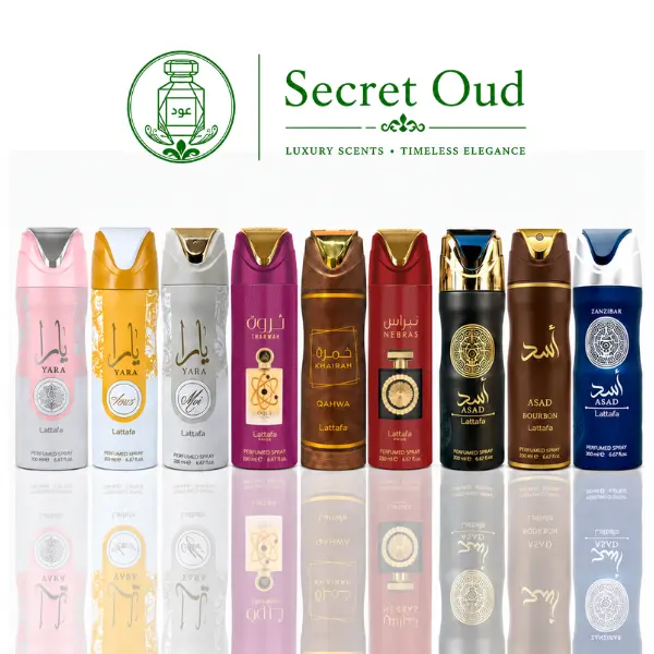 yara deodorant + yara tous deodorant + yara moi deodorant + Nebras deodorant + khamrah qahwa deodorant + Tharwah gold deodorant + asad deodorant + asad zanzibar deodorant + asad bourbon deodorant -- 9 piece bundle