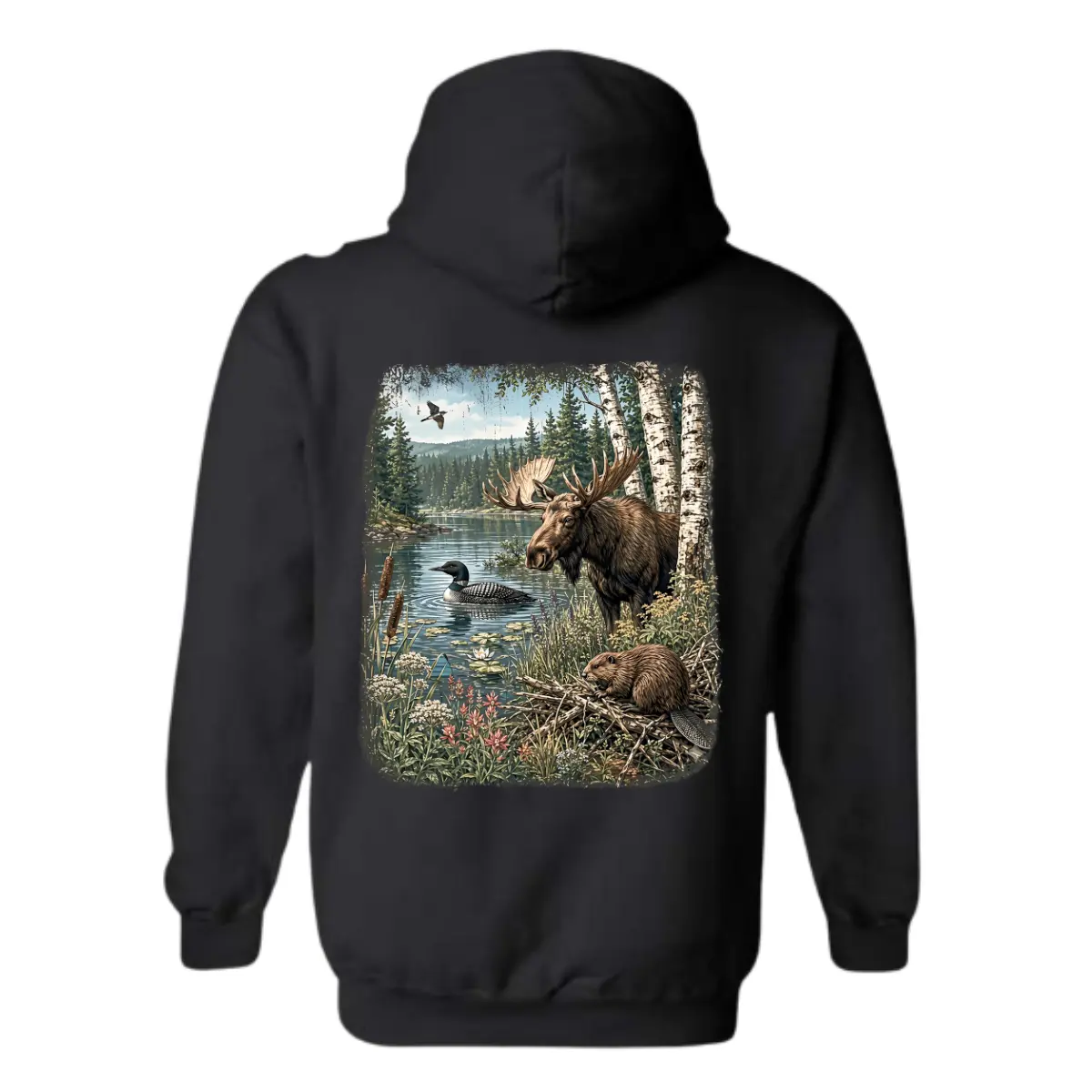 Wildlife Nature Hoodie - Moose Loon and Beaver Lake Graphic, Scenic Forest Outdoor Design, Perfect for Nature Lovers, Campers and Outdoor Enthusiasts, Unisex Hoodie