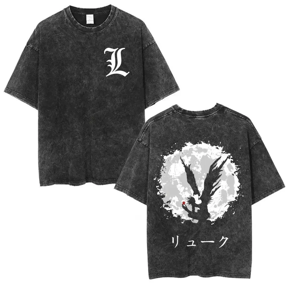 Vintage Washed Japanese hot Anime Death Note L·Lawliet T Shirt personality Clothes Unisex 5Oversized Suitable for all seasons tee