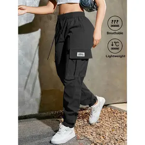 Women's Solid Casual Cargo Pants - All Seasons, Drawstring Waist, Large Pockets, Slogan Trendy Streetwear Trousers for Sports & Daily Wear