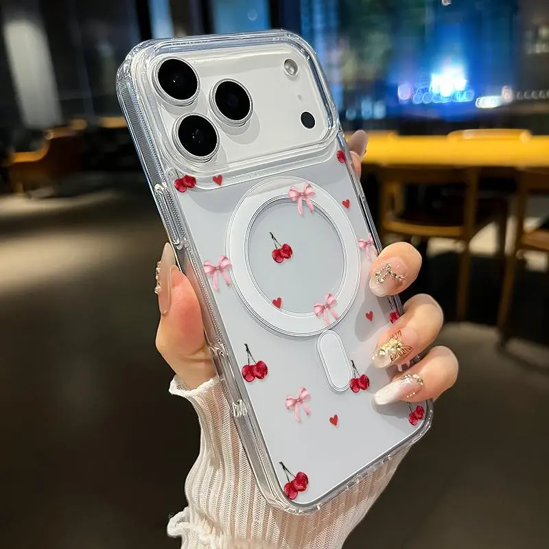 Cherry Bow Love Acrylic Magnetic Smartphone Case for iPhone 11-17, 12-16 Pro Max, X/XS/XR, 14/15 Plus, Air E - Wireless Cellphone Case, Shockproof Soft Premium Stylish Durable Protection for Devices, Casing