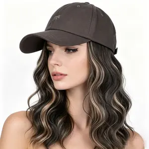 Women's 2-in-1 Casual Dark Brown Sports Cap Wig, 16in Medium-Length Heat-Resistant Synthetic Body Wave Design with Attached Black Wavy Hair & Brown Highlights, Adjustable for Daily & Party Wear