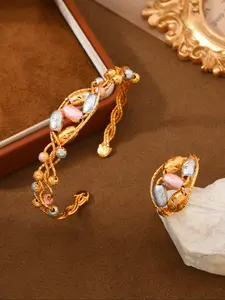 24k Gold Plated Jewelry Set, Copper Material, Wedding and Party Accessories, Includes Bracelet and Ring, Valentine's Day Gift, All Seasons