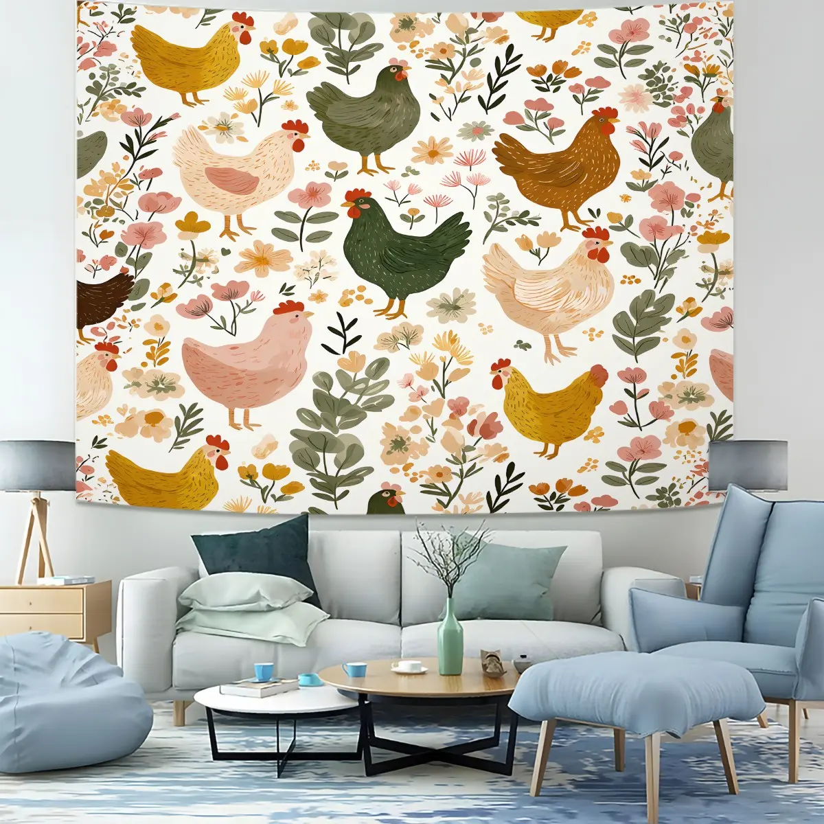 Rustic Chicken Floral Tapestry, Farmhouse Chicken Flower Wall Tapestries, Botanical Farm Animal Rooster Hen Hanging Wall Decor for Bedroom Living Room Home Kitchen