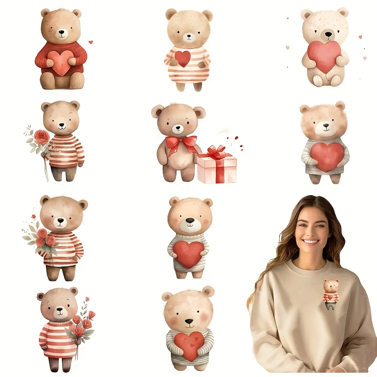 12 Cute Teddy Bear Heat Transfer Stickers, Vinyl Decorative Patches for Fabric, T-Shirts, Bags, Durable and Washable DIY Clothing Accessories