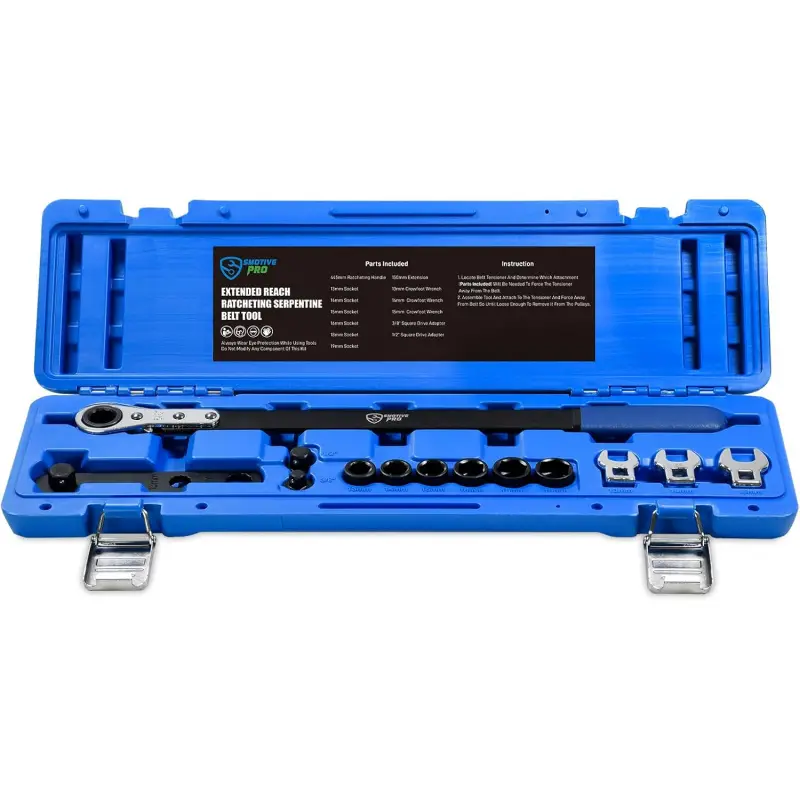 SMOTIVE PRO 13-Piece Carbon Steel Mechanics Tool Kit - 17.5in Extended-Reach Ratcheting Handle, 5.9in Extension Bar, Square Drive Crowfoot Wrenches, Socket Set, Belt Tensioner Wrench Set with Quick-Change Locking Mechanism for Engine Compartment Repair, M
