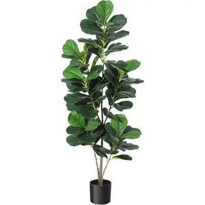 5 ft Height Decorative Multi-Stem Fake Fiddle Leaf Fig Tree, Easy Assembly Artificial Plant with Pot, Indoor/Outdoor Home Decor Gift for Living Room