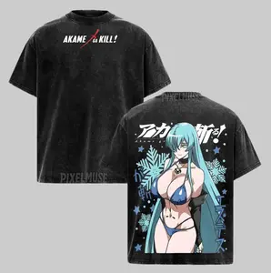 Esdeath Akame ga Kill T-Shirt | Ice Queen Blue Neon Acid Washed Oversized Tee, Frozen Style Anime Villainess Bootleg, Heavyweight Fandom Apparel.