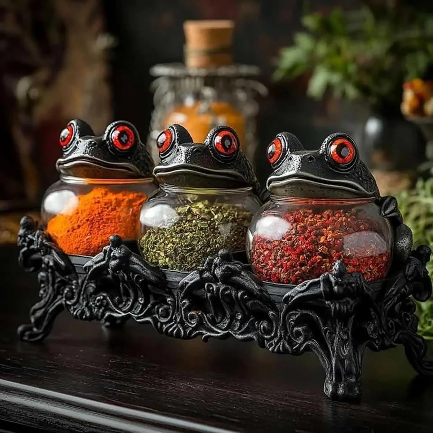 Witchy Frog Apothecary Glass Spice Jars, Handcrafted Gothic Kitchen Food Storage Containers, Glass Canisters, Seasoning Jars Containers, Vintage 3-Piece Set for Spices, Herbs, Tea & Halloween Decor