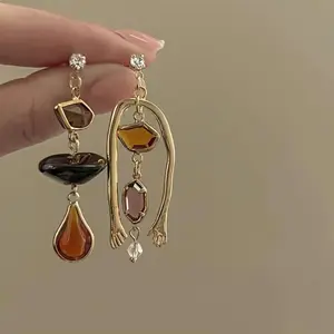 Women's Elegant Asymmetrical Dangle Earrings - 14K Gold Plated Alloy, Polychrome Synthetic Cubic Zirconia, Black & Orange Gemstone Accents, Chic Statement Costume Jewelry for Daily Wear or Gifting