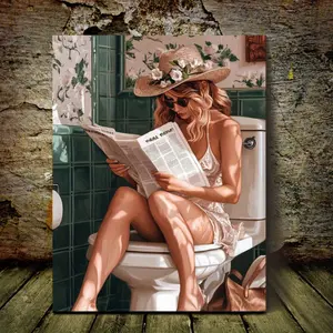 A humorous oil painting of a woman reading a newspaper on the toilet, 30x40cm, pine wood frame - vintage bathroom scene, wearing a floral hat and glasses, perfect for modern home decoration, suitable for living room, office or cafe, bathroom decor