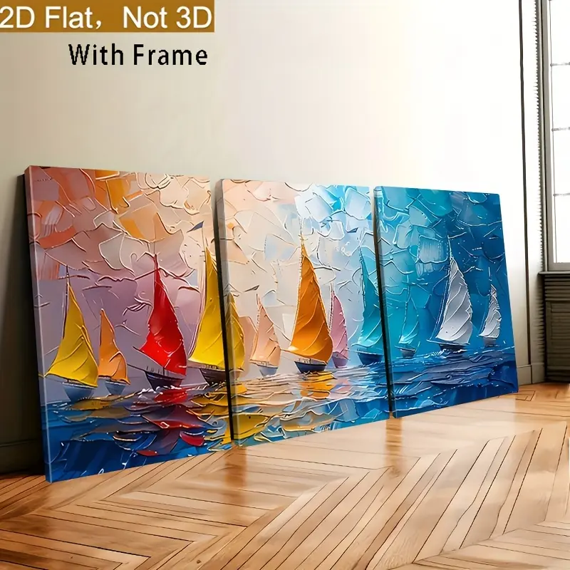 Framed Wood Wall Art Prints - Modern Abstract Nautical Landscape, 3 High-Resolution Minimalist Waterproof Glossy, Ready-to-Hang Artistic Home Decor, Suitable for Living Room, Kitchen, Gift Box Option