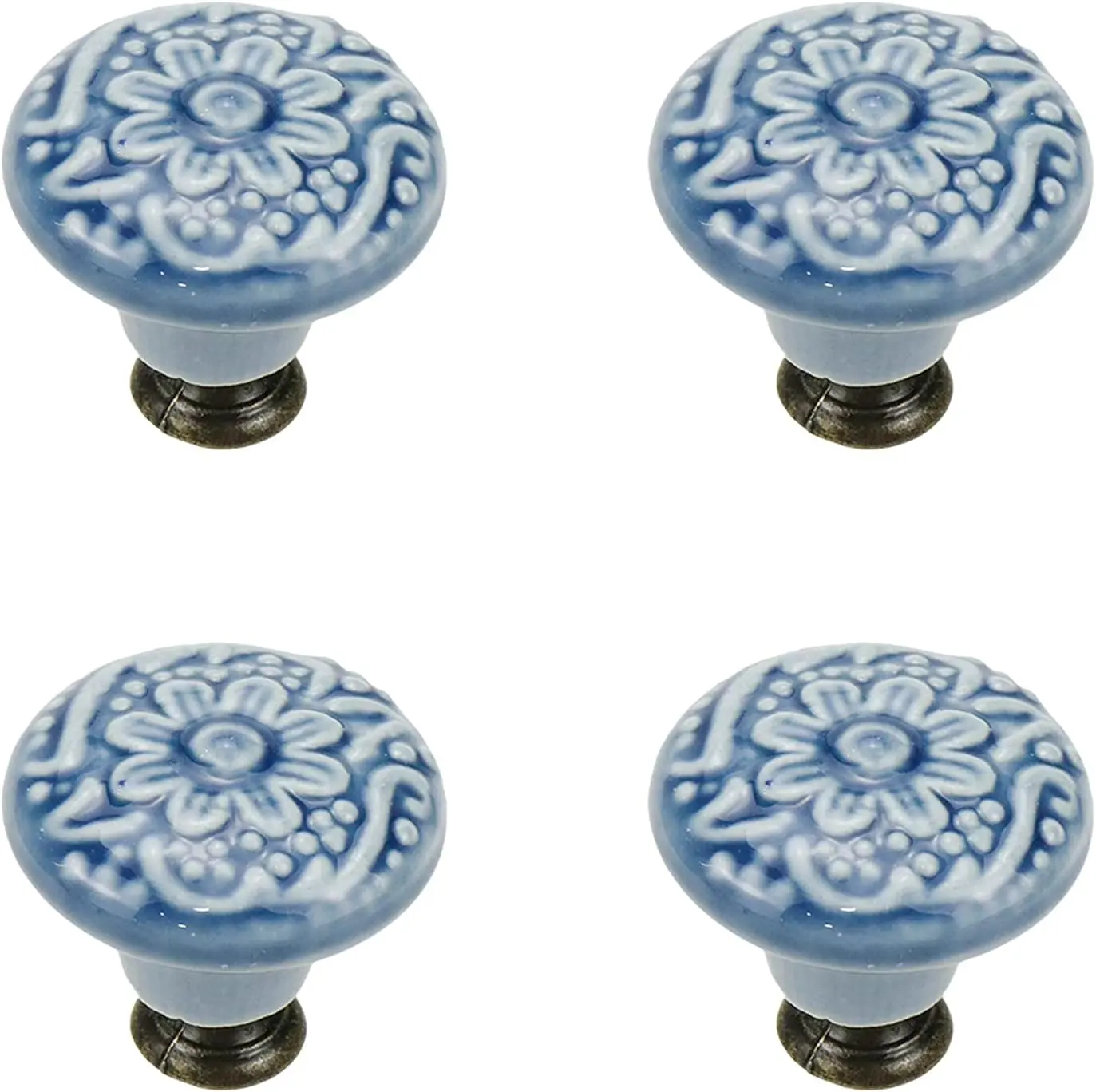 4 Pcs Ceramic Cabinet Kitchen Knobs Handles Vinta Round Single Hole Knobs for Drawer Cupboard Clot, with Mounting Screws, Blue