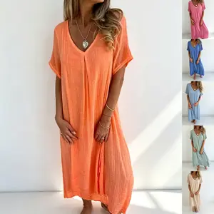Women's Summer Semi-Sheer House Dress Ultra-Lightweight V Neck Nightgown Flowy Short Sleeve Sleepwear Casual Loungewear Linen-Look 2026