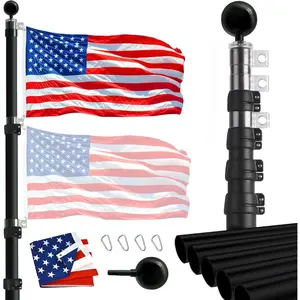 20FT Telescopic Flag Pole Kit, Heavy Duty  Telescoping Flagpole for Outside House Inground Outdoor Camper RV Tailgate Flagpole with Two 3x5  Flags & Black Ball Top, Black