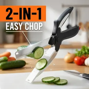 2 in 1 Kitchen Scissors for Food – Stainless Steel Blade & Plastic Cutting Board Scissors with Safety Lock | 9.5" Tomato Knife, Fruit & Vegetable Cutter – Easy-to-Use Kitchen Shears for Meat, Cheese