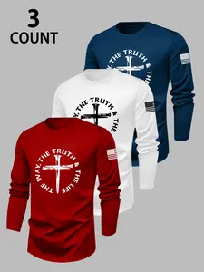 Men's 3-Piece Long Sleeve Fitted T-Shirt Set, Cross Design, Flag Print, Casual Round Neck, Fashion Letter Graphic Pattern, Spring & Fall