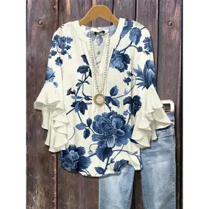Elegant Women's Plus Size Butterfly Sleeve Top, Slim-Fit Long Blouse with Chest Buttons, All-Season Fashionable Design