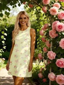 Women's round neck sleeveless dress, pink bow flowers, light yellow print pattern, light and breathable, fresh and sweet style, casual vacation dating outfit, suitable for all seasons, slim fit