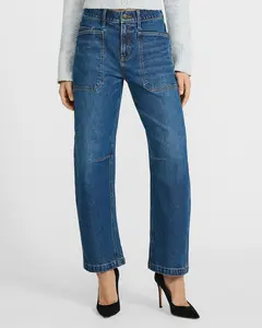 Express Mid Rise Medium Wash Utility Barrel Jeans