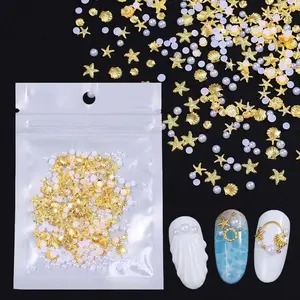 Gold Starfish Shell Pearl Nail Art Decorations, Summer Ocean Style, Ocean Theme, DIY Nail Art Accessories for Women and Girls, Nail Art Supplies, Sea Shell, Summer Nails