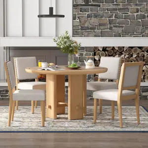 5-Piece Round Dining Table Set for 4, Minimalist Farmhouse Dining Table with 4 Solid Wood Upholstered Chairs, Kitchen & Dining Room Sets