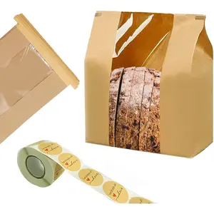 100 Pack Large Paper Bread Bags for Homemade Sourdough Bread 14" x 8.3" x 3.5" with Tin Tie Tab Lock Clear Front Window Label Seal Stickers for Bakery Cookie Packaging