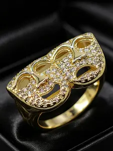 14k Gold Plated Smile Cry Mask Ring, Trendy Unisex Jewelry, Music Festival, Carnival, Party Gift, Streetwear Accessory, Elegant Glittering Chunky Statement Ring