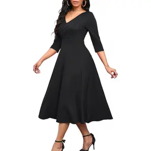 Women's Casual Wrap Flared Midi Dress Wedding Guest Cocktail Tea Dresses A-Line Swing V-Neck 3/4 Sleeve