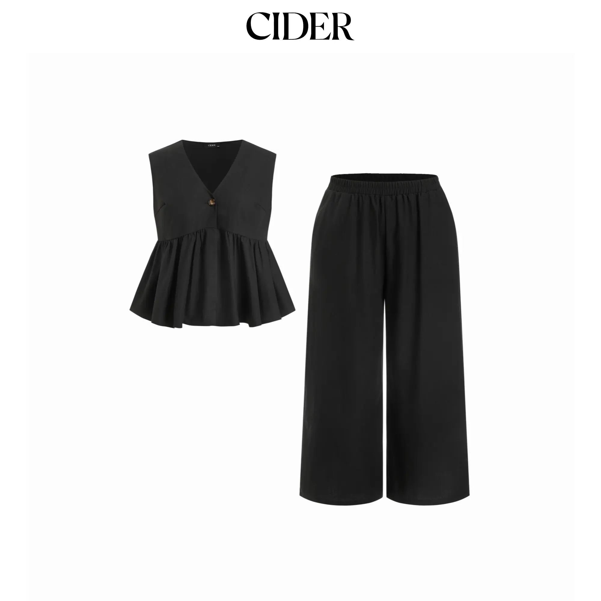 Cider Linen-blend V-neck Ruched Peplum Top & Mid Rise Wide Leg Trousers Set Curve & Plus