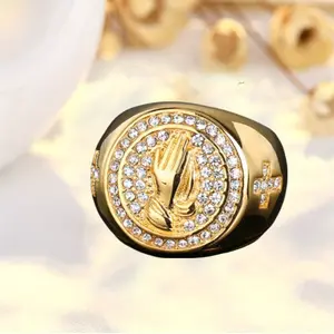 Vintage Hip-hop Prayer Hand Pattern Stainless Steel Men's Ring, Sparkling Synthetic Zircon, Religious Element Design, Suitable for Daily Wear, Holiday, Party Jewelry Gifts Trendy Jewellery Accessories