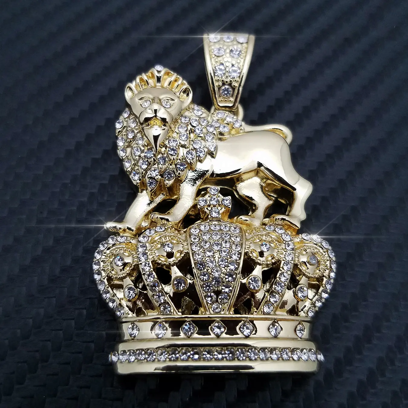 MaxBling81 Iced Lion King Royal Crown Cubic Zirconia Gold-Plated Animal Pendant - High-Quality Metal Coating, Unisex Character Themed Durable Fashion Charm, Bling Accessories