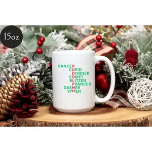 Christmas Reindeer Names Ceramic Mug, Green And Red Holiday Coffee Cup, Friend Gift. Ideal Gift for Family, Friends, and Classmates