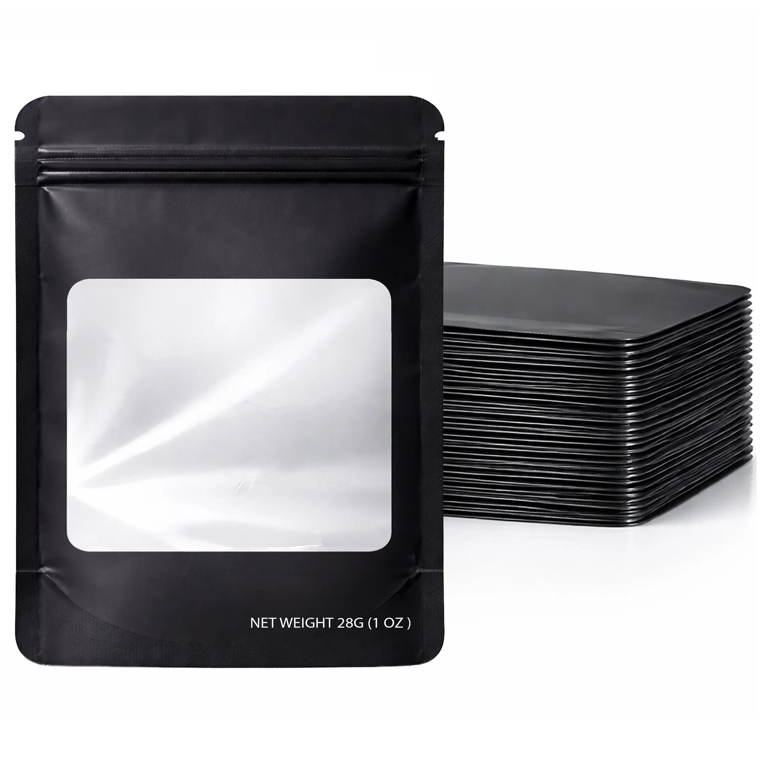 50 Pack – 28g Solid Color Mylar Bags with Square Window - Black