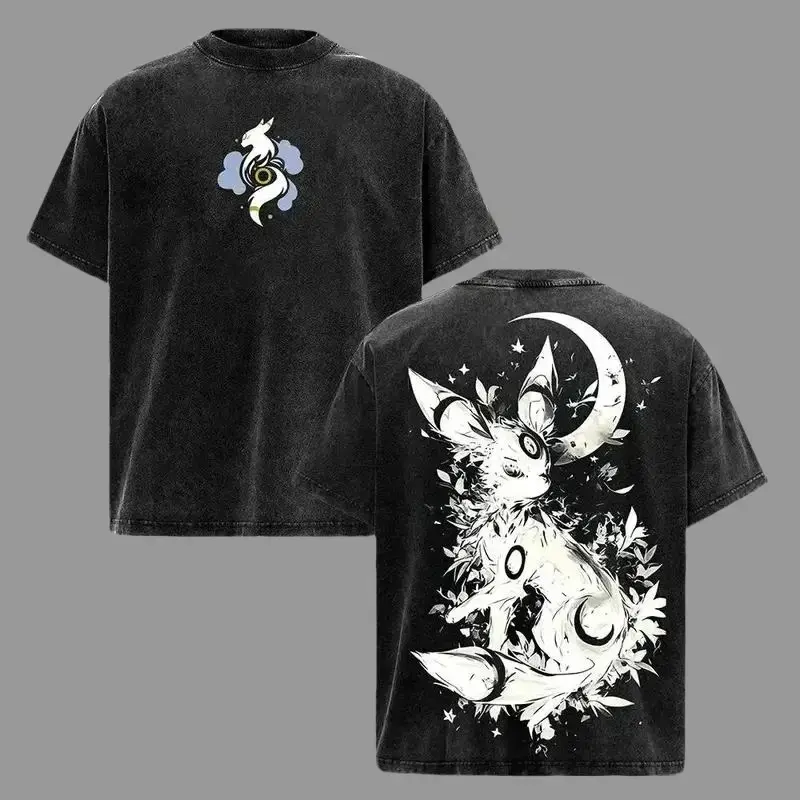 Umbreon T-Shirt – Pocket Monsters Vintage Oversized Heavy Cotton Acid Washed Anime Hoodie, Unisex Streetwear Graphic Top for Fans Crewneck Tshirt