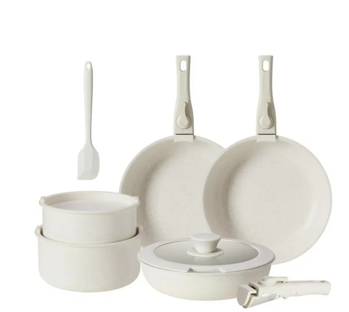 12 Pcs Non-Stick Cookware Set, Pots and Pans Set, with Spatula & Detachable Handle for Kitchen, Beige