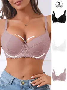 2/3/6 Pack/ 6 colors. Exquisite lace seamless push-up underwire Casual bra. Adjustable straps, three-row four-hook back closure. Breathable, skin-friendly, and comfortable fabric. Suitable for daily work, dates, or home wear. Women's seamless bra