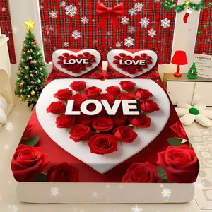 Valentine's Day Bedding Set, Heart Rose Love2d Print, Soft Comfortable Sheet Set (1 Fitted Sheet + 2 Pillowcases), No Fillers Included