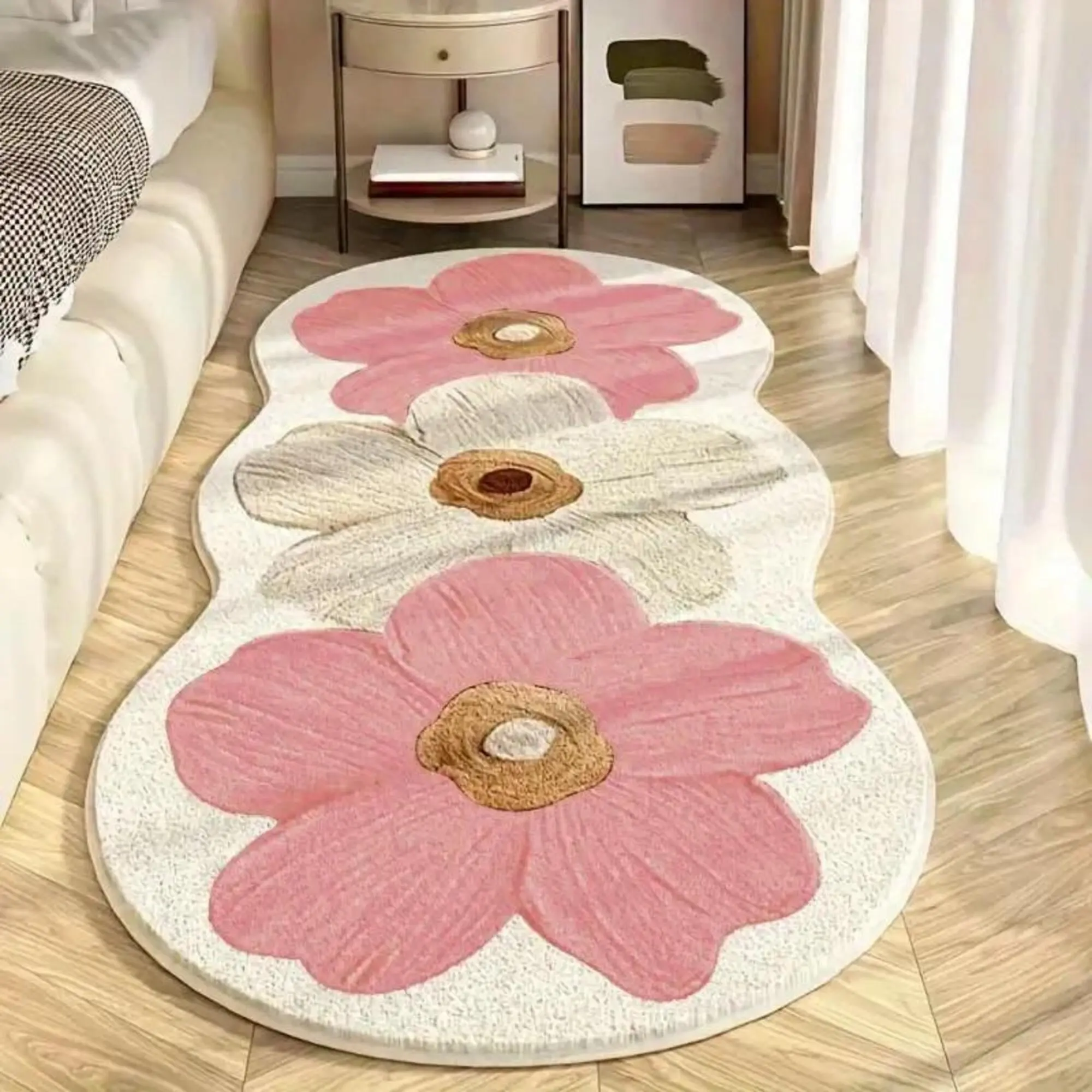 Wave Edge Floral Carpet Mat, Soft Plush Floral Shaped Rug for Living Room Bedroom, Sweet French Style Home Decor, Easy Clean Floor Covering, Floral Pattern Rug, Decorative Rug