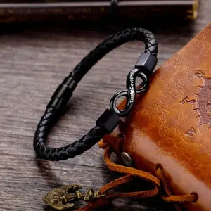 D01 Customized Engrave Men's Leather Bracelet Stainless Steel Infinite Leather Woven Bracelet