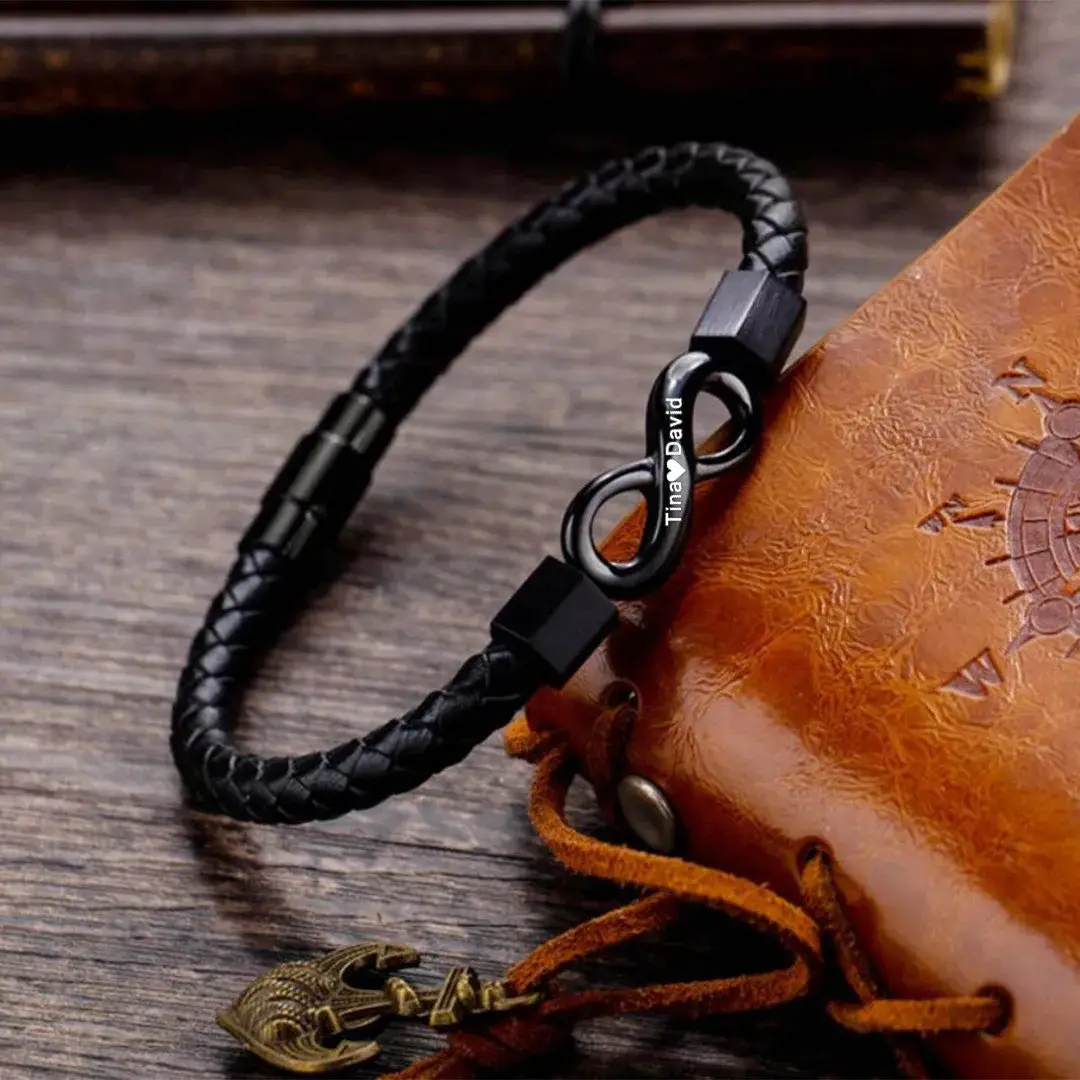 D01 Customized Engrave Men's Leather Bracelet Stainless Steel Infinite Leather Woven Bracelet